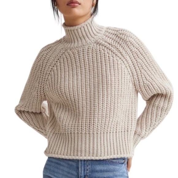 H&M Chunky Knit Turtleneck Sweater Slate Gray Cropped Funnel Neck Medium - Picture 9 of 10